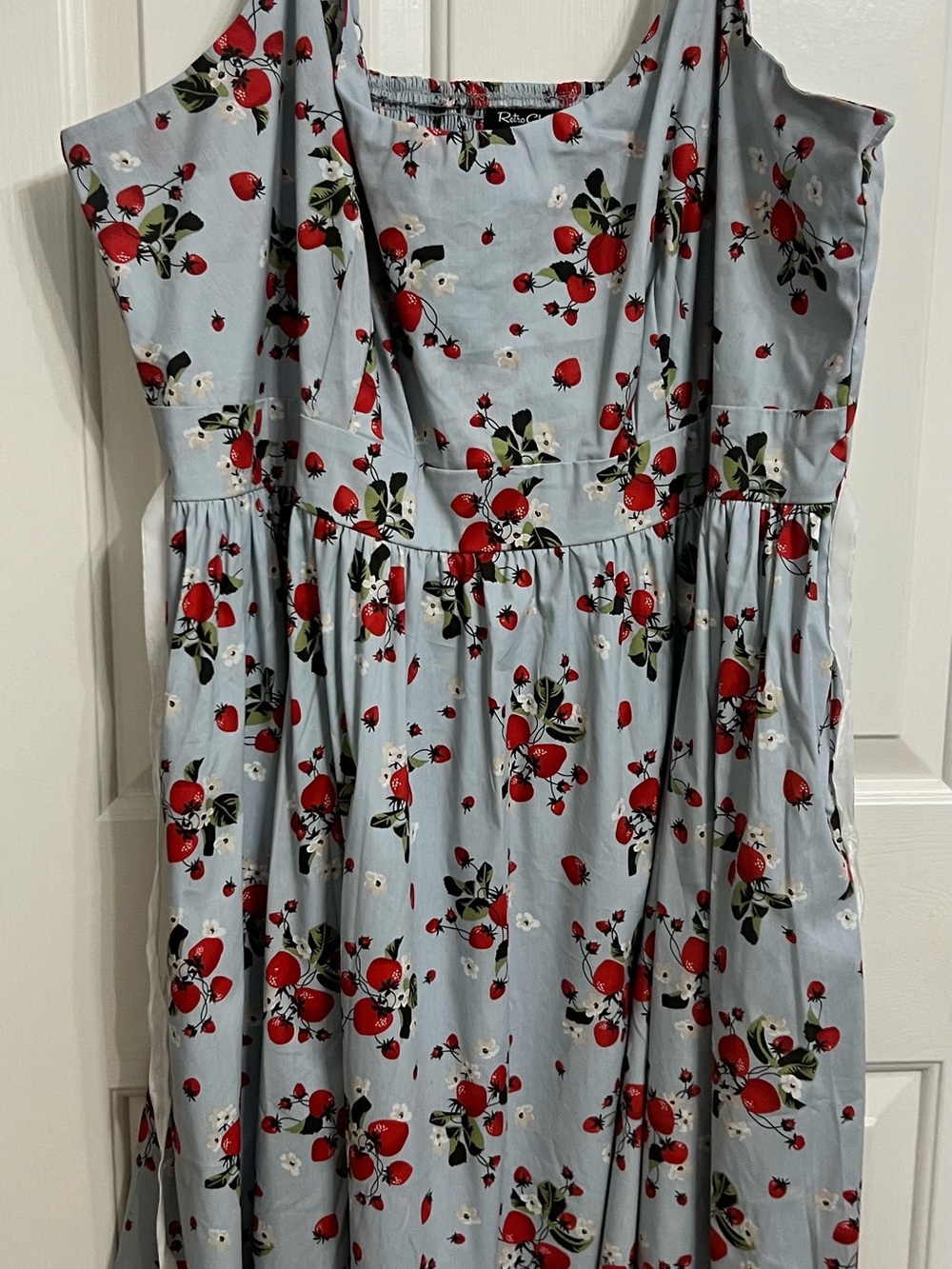 Retro Chic Light Blue Dress with Red Strawberry Print